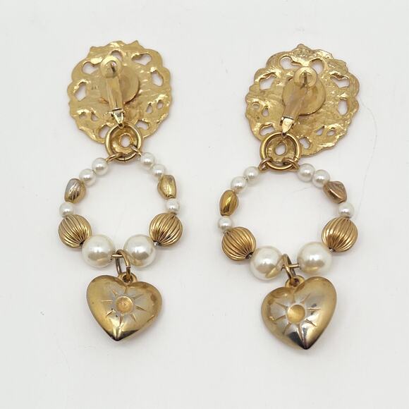 Vintage Gold Tone Clip On Heart Earrings With Detachable Beaded Dangle Heart - Picture 3 of 5